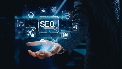 SEO concept for improving SEO visibility, with SEO related digital tools and SEO performance icons...