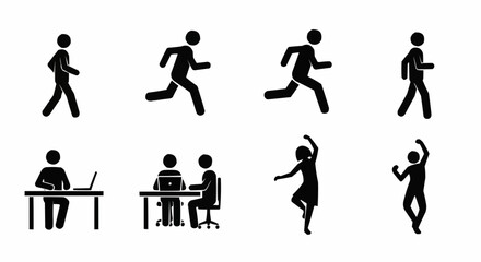 Naklejka premium Illustration of stick figures in various actions including walking running working dancing and celebrating