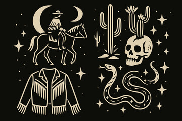 Fototapeta premium Western Cowboy Illustration with Horse, Cactus, Snake, and Gold Stars