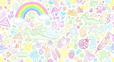 Whimsical hand drawn doodle collage featuring rainbows stars hearts and cute creatures