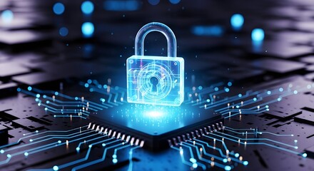 Cybersecurity Padlock Hologram Over Digital Circuit Board – Futuristic Technology Concept