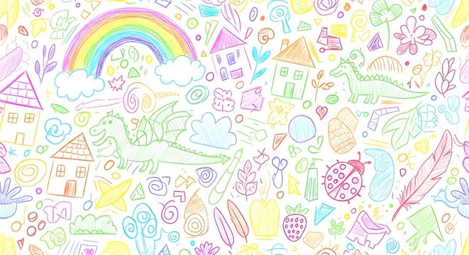 Whimsical hand drawn doodle collage featuring rainbows stars hearts and cute creatures