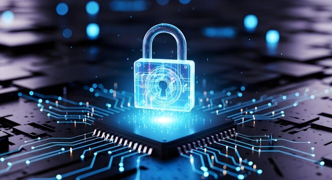 Cybersecurity Padlock Hologram Over Digital Circuit Board – Futuristic Technology Concept