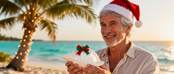 Senior man in a Santa hat with a proposal ring on a tropical beach. Christmas holiday vacation gift and engagement concept at sunset