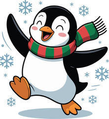Cute winter penguin illustration featuring a joyful cartoon character wearing a colorful scarf, dancing happily with snowflakes in a festive seasonal scene.