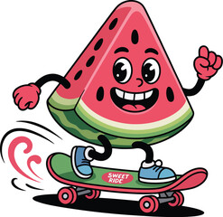 Cute skateboarding watermelon cartoon illustration featuring smiling fruit character riding a skateboard with energetic motion, fun playful kids design perfect for summer themed graphics.