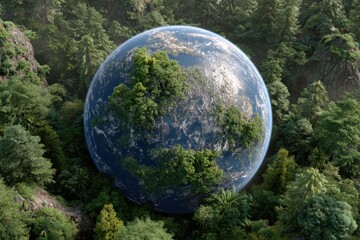 Naklejka premium A lush green earth sphere emerges from a dense forest canopy