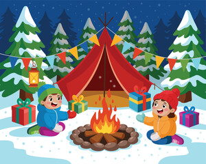 Winter Campfire Kids Holiday vintage illustration design featuring cozy forest camping vibes, cheerful cartoon sketch style, and festive gift night poster vector for classic seasonal celebration art.