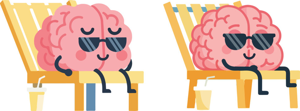 Relaxed Brain Character on Retro Beach Chair Stress Relief Flat Vector Illustration
