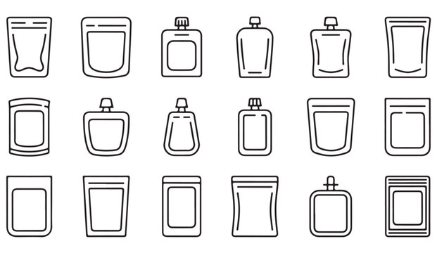 Minimalist line icon set of packaging pouches, refill bags, and squeeze bottles
