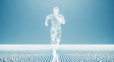 A futuristic digital wireframe man is running forward on a gridded surface representing virtual reality artificial intelligence and technological advancement on a light blue background