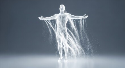 A glowing white digital human figure made of particles stands with arms outstretched as it dissolves or forms representing data spirituality and the metaverse on a grey background
