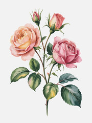 Fototapeta premium Watercolor Painting of Peach and Pink Roses on a Light Background for Floral Design and Decorative Purposes