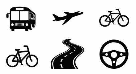 Illustration showcasing various modes of transportation including a bus, airplane, bicycle, and a road symbol