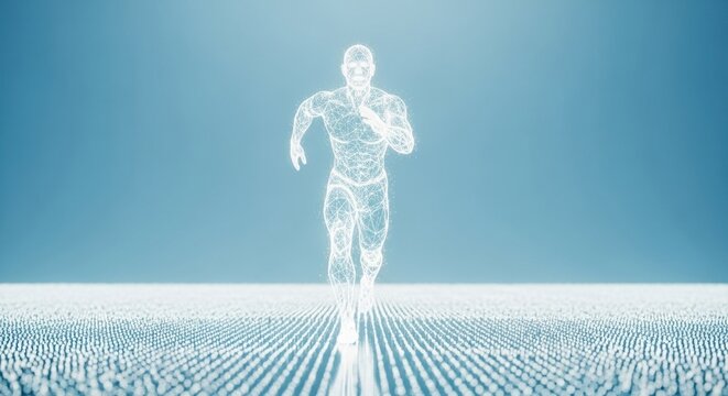 A futuristic digital wireframe man is running forward on a gridded surface representing virtual reality artificial intelligence and technological advancement on a light blue background - Powered by Adobe