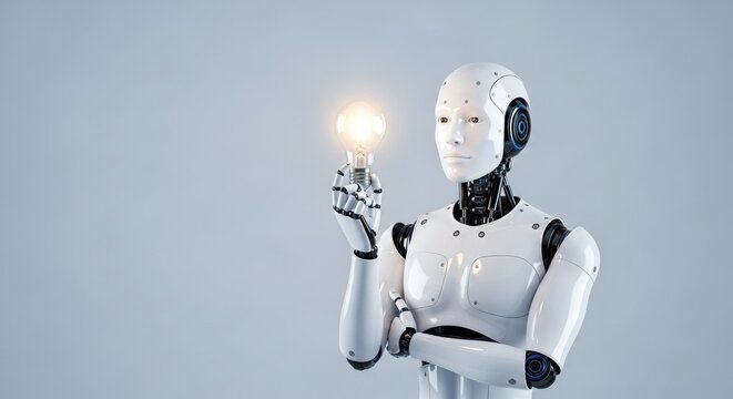 A white humanoid robot holding a glowing bright lightbulb symbolizes artificial intelligence innovation creativity and new technological ideas on a clean grey studio background