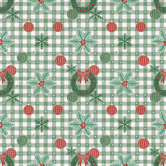 Christmas Plaid Wreath & Ornaments Seamless Pattern