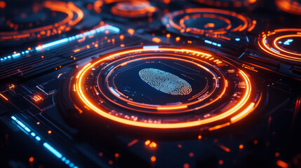 Futuristic fingerprint scan interface displayed on a high-tech digital screen in a cybernetic environment