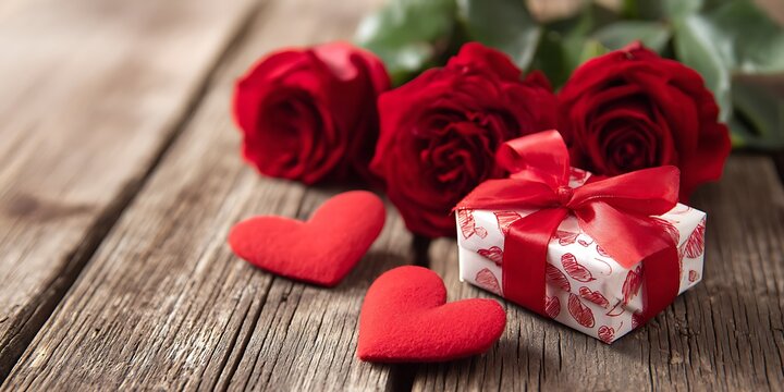 Red roses hearts and a gift box with red ribbon on a rustic wooden surface for valentine's day