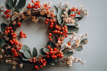 Festive wreath with red berries and delicate white flowers for holiday decoration ideas