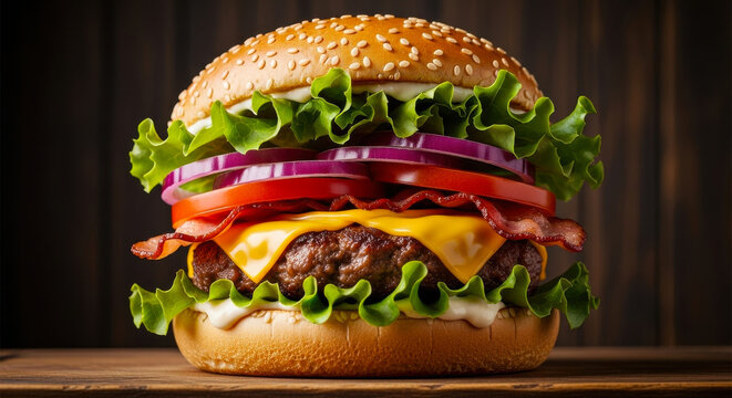 Juicy gourmet beef burger with melted cheese lettuce tomato and red onion on a sesame bun