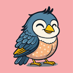 Cute cartoon blue bird is smiling happily