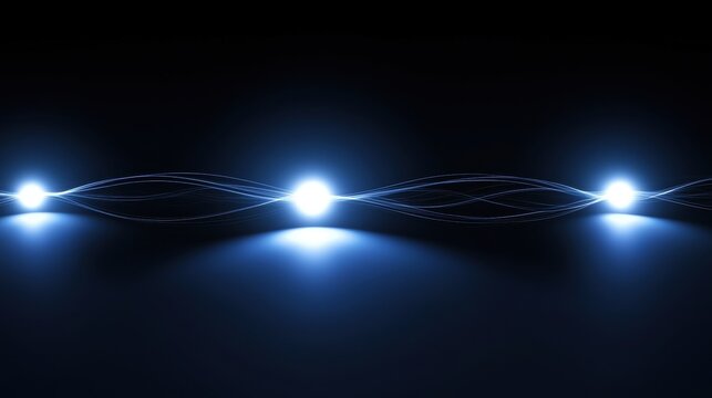 A digital illustration of a wave-like pattern of blue lights against a black background.