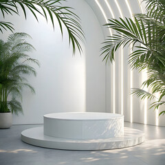 A sleek 3D render featuring a vector-style abstract background with a modern podium.