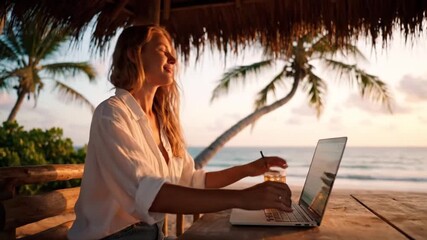 A woman works on her laptop and enjoys a drink on a tropical beach at sunset. - Powered by Adobe