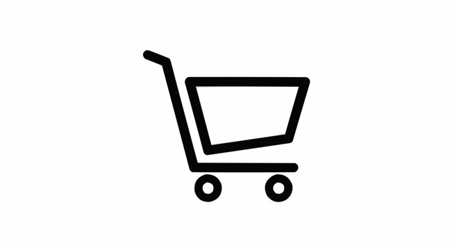 A simple black shopping cart icon with a handle and two wheels on a white background image view