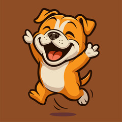 Cartoon mascot dog jumps with joy and smile