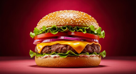 Juicy gourmet cheeseburger with fresh lettuce tomato and onion on a sesame seed bun