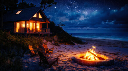 Cozy beach house with glowing fire pit and ocean view at twilight embraces evening relaxation