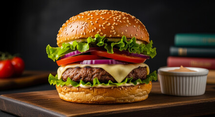 Delicious gourmet cheeseburger with fresh lettuce tomato and onion on a sesame seed bun