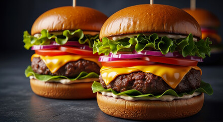 Two delicious gourmet cheeseburgers with fresh lettuce tomato and onion on a dark background