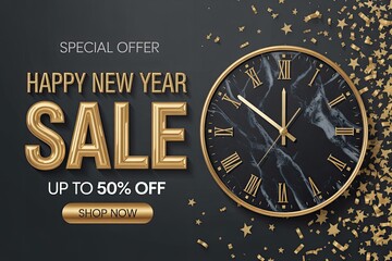 New Year Sale 2026 Luxury Black and Gold Clock Countdown Holiday Discount Banner Design