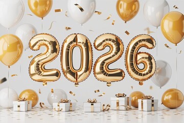 New Year 2026 Gold Balloon Celebration Party Background with Confetti and Gift Boxes Decor