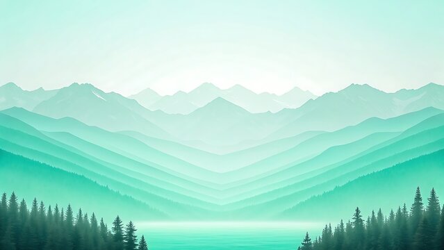 Serene misty mountain range with a tranquil lake and evergreen forest