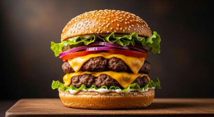 Juicy double cheeseburger with fresh lettuce tomato and red onion on a sesame seed bun