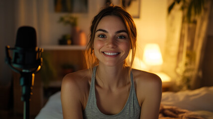Smiling woman in casual attire enjoying cozy evening in softly lit room