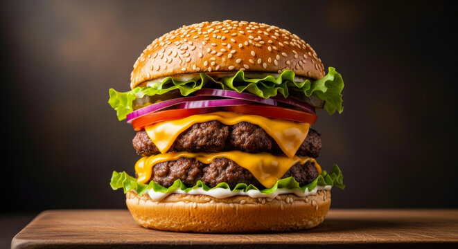 Juicy double cheeseburger with fresh lettuce tomato and red onion on a sesame seed bun - Powered by Adobe