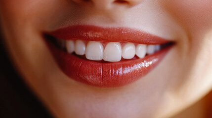 Bright smile showcases healthy teeth and vibrant lipstick in close-up view with natural lighting
