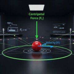 Dynamic physics concept illustrating centripetal force acting on a red sphere in circular motion with velocity vector highlighted