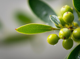 Macro mistletoe berries and leaf tips with bright diffused light