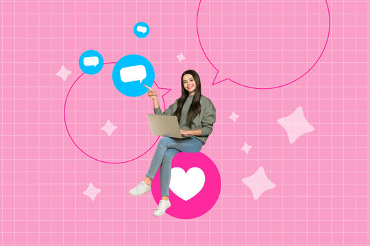 3d image full photo collage of happy blogger girl surf laptop heart icon social media follower subscriber content feedback - Powered by Adobe