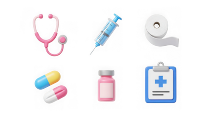 Medical equipment, including stethoscope and syringe