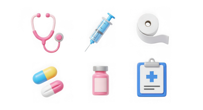 Medical equipment, including stethoscope and syringe - Powered by Adobe