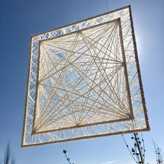 An abstract square composed of delicate fine threads on a clear background.