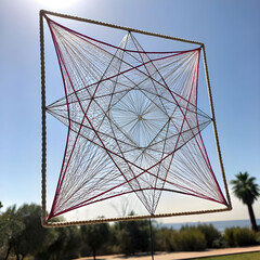 An abstract square composed of delicate fine threads on a clear background.