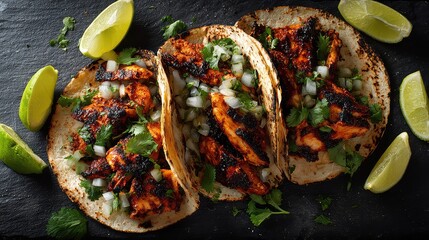  Top view of Mexican Pollo Asado Tacos, grilled chicken pieces with char marks, corn tortillas, cilantro, onions, lime wedges